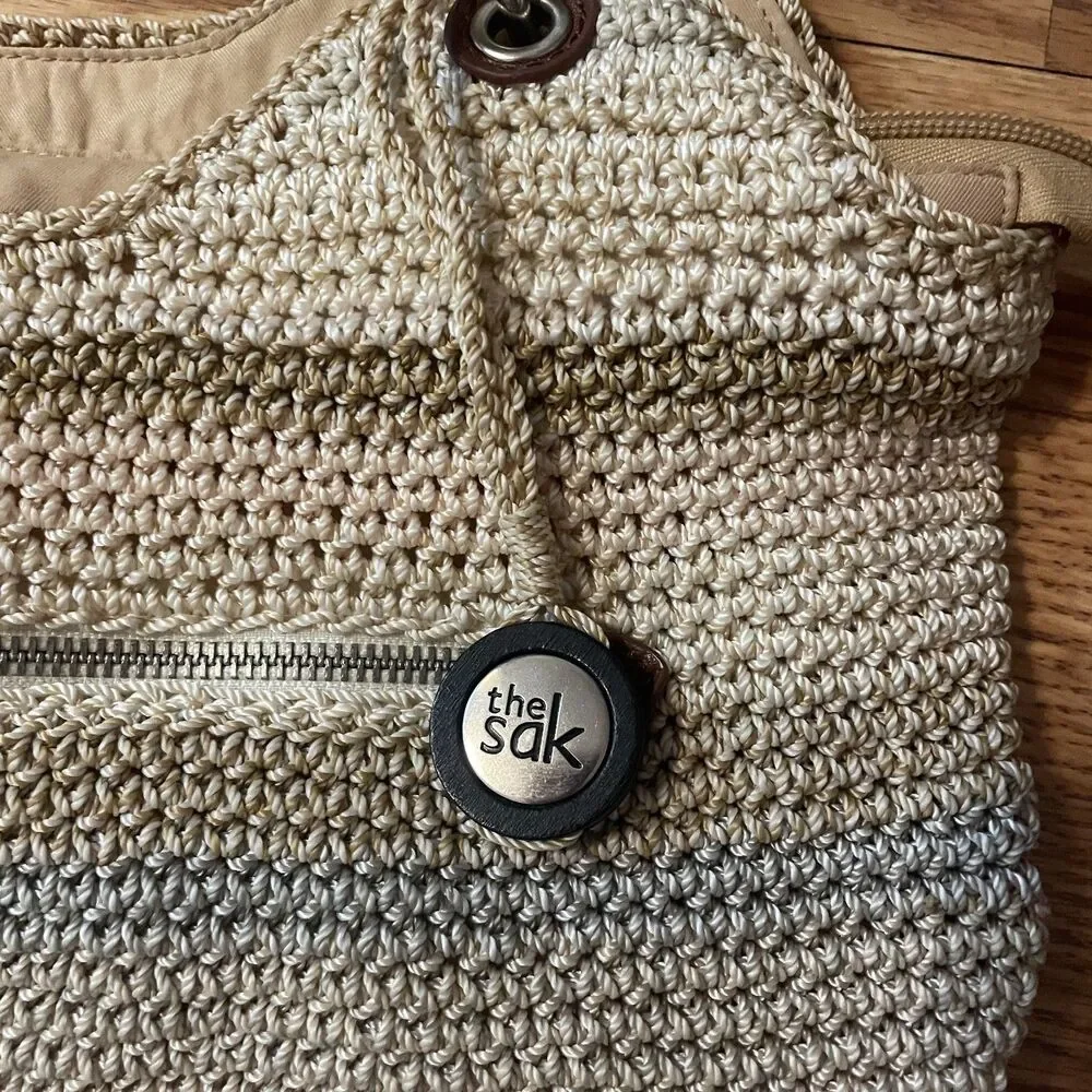 The Sak Indio Crochet Shoulder Bag Sand Stripe Woven Boho Tote Purse